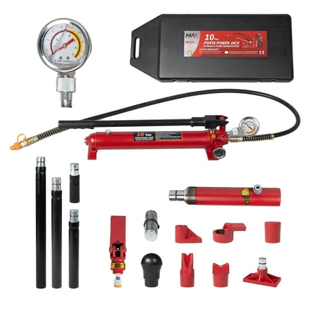 Maxority 10 Ton (20,000 lbs Capacity) Porta Power Hydraulic Ram Auto Body Frame Collision Repair Kit Set, 17-Pcs, with Blow Mold Carrying Case and Gauge