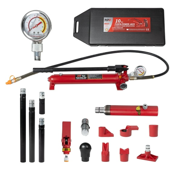 Maxority 10 Ton (20,000 lbs Capacity) Porta Power Hydraulic Ram Auto Body Frame Collision Repair Kit Set, 17-Pcs, with Blow Mold Carrying Case and Gauge