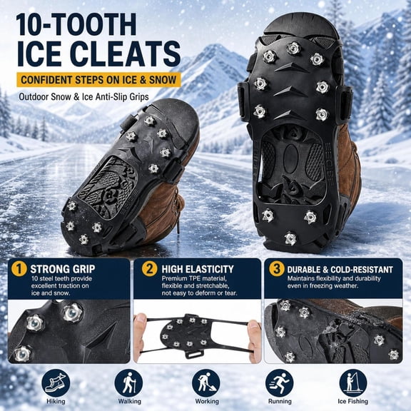 10-Tooth Ice Cleats for Shoes, Stainless Steel Traction Crampons with TPE Stretch Fit & Adjustable Straps for Snow, Ice, Hiking, Walking & Winter Outdoor Use