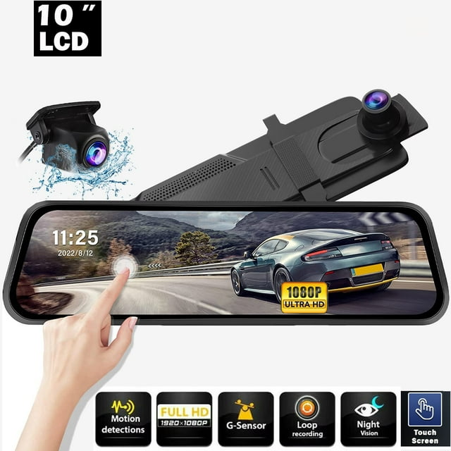 10" Touch Screen Mirror Dash Camera, 1080P Dual Dash Cam Kit Front and