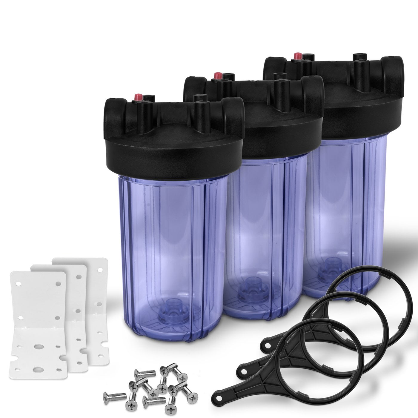 10" Transparent Big Blue Housing for Whole House Water Filtration System, 1 Brass Port & Mounting Hardware (3 pack)
