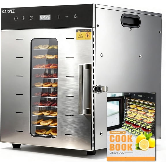 10 Tray Food Dehydrator, 800W Stainless Steel Dehydrator with Adjustable Temp, Timer, LED Light, for Jerky, Fruits, Herbs, Recipe Book Included