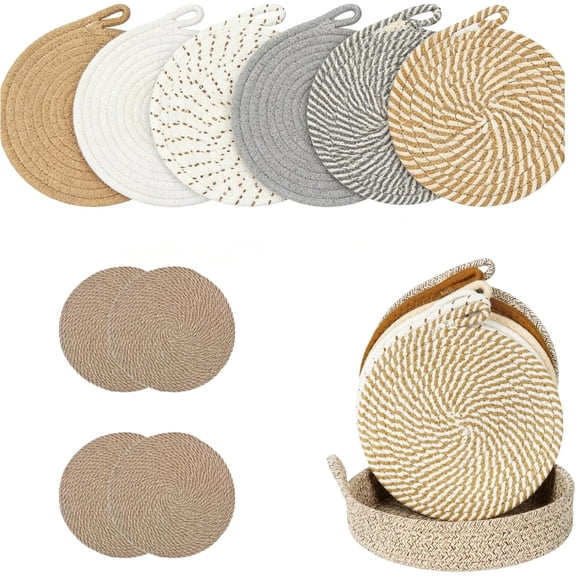 10'' Trivets for Quartz Countertops with Storage Basket, 6 Pack Cotton Trivets for Hot Pots and Pans, Hot Plate Mats Kitchen Countertops, Table, Home Essentials Farmhouse Decor (Grey)