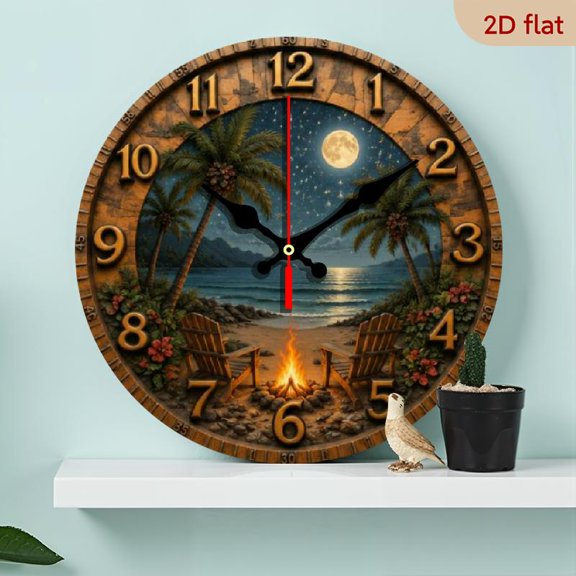 10 Tropical Beach Palm Tree Clock, Quiet Quartz Wall Decor for Home, Kitchen, Office, Living Room, Battery Powered (1 AA Not Included)