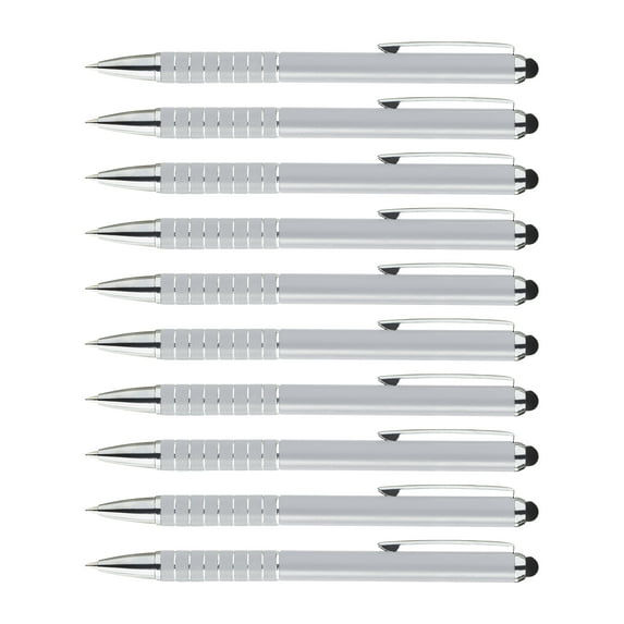 10 Twist Action Metal Stylus Pens Pack - Two in One, Smooth, Black Ink - Silver