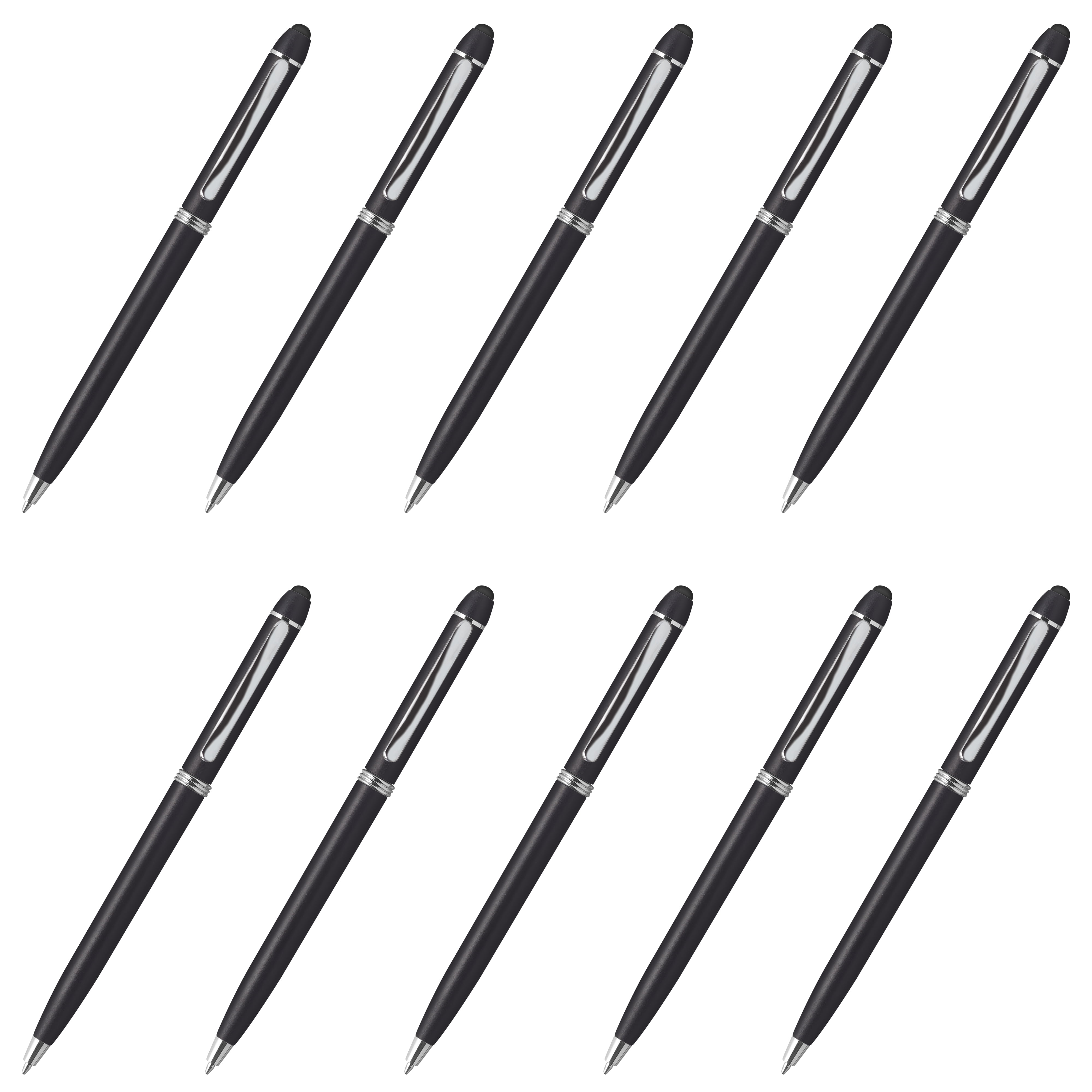 10 Twist Action Plastic Stylus Pens Pack - Metallic Barrel, Black Ink - Black