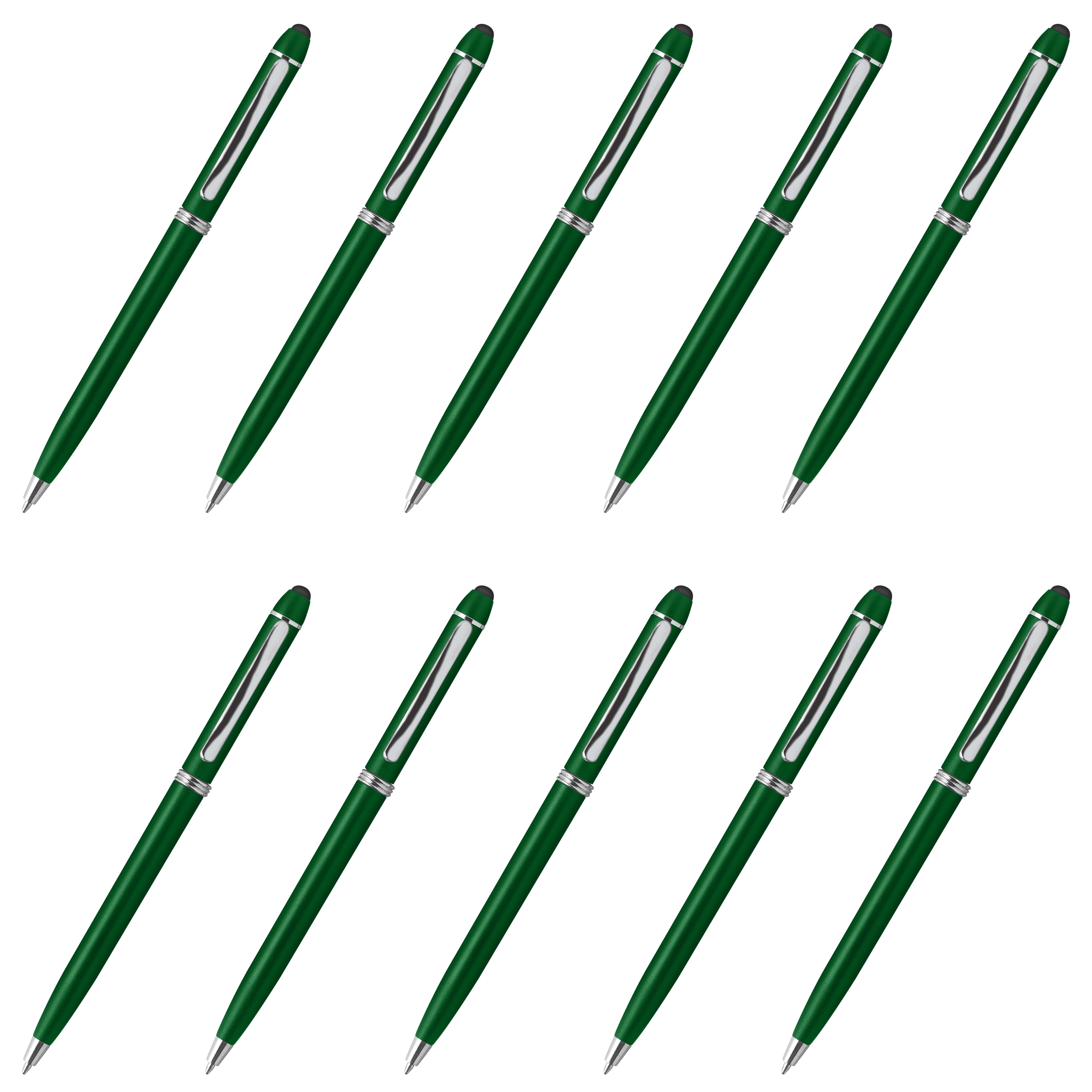 10 Twist Action Plastic Stylus Pens Pack - Metallic Barrel, Black Ink - Green