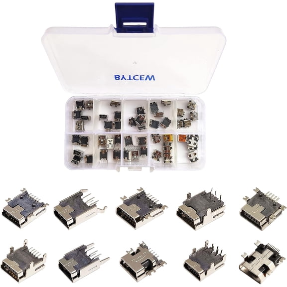 10 Types Mini USB Sockets Jack Female Plug Connector Solder Dip SMD SMT USB Repair Replacement Adapter Assortment Set (50psc)