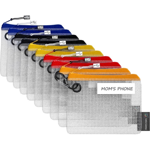 10 - USB Cable Organizer Pouches, Manage Cables, Travel Cable Oranizer, Color Coded with USB Zipper Pulls