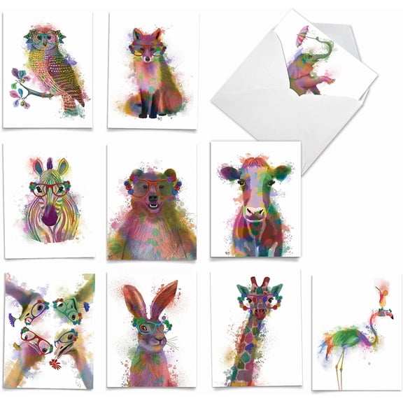 - 10 Unique Blank Watercolor Animal Note Card Box Set 4 x 5 Inch + Envelopes (10 Unique Designs) Kids Greeting Cards, Camp Stationery, Funky Rainbow Wildlife M4948OCB-B1x10-NB