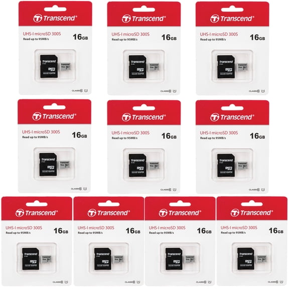 10 Unit Transcend 16GB 300s 95MB/s Class 10 Micro SDHC Memory Card with SD Adapter