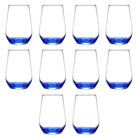 10 Vaso Silicia Stemless Wine Glasses Set, 16 oz. - Clear, Orb-Like, Thick base - Blue