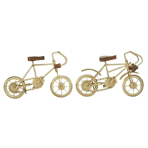 10"W, 7"H Gold Metal Bike Sculpture with Wood Accents, by DecMode (2 Count)