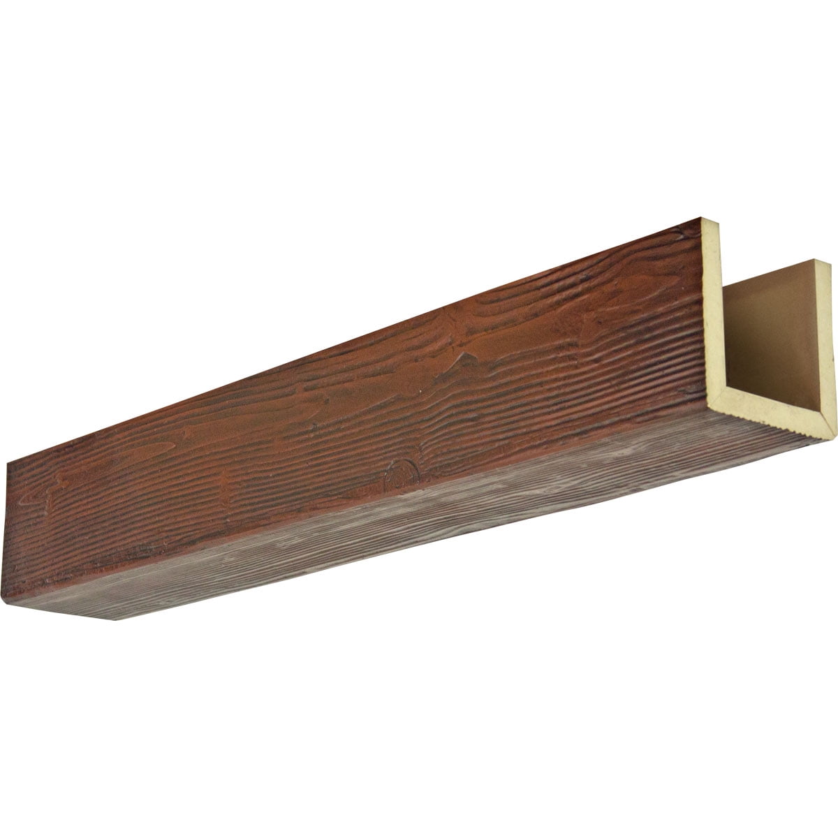 10"W x 6"H x 16'L 3-Sided (U-beam) Sandblasted Endurathane Faux Wood Ceiling Beam, Premium Mahogany