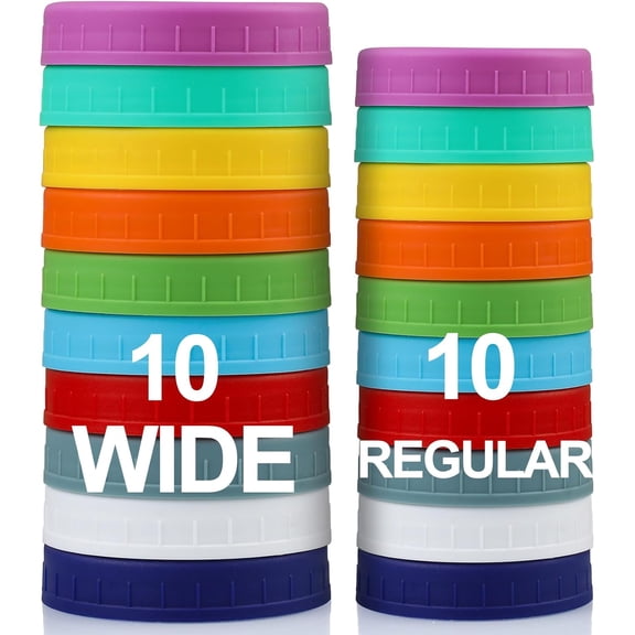 10 WIDE Mouth & REGULAR Mason Jar Lids - 20 Pack Food Grade Plastic Caps for Ball, Kerr and More Canning Jars Leakproof Dishwasher Safe Multicolor