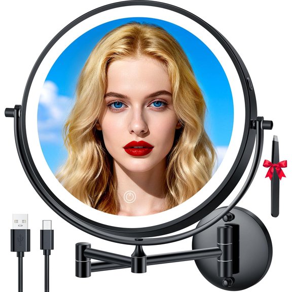 10" Wall Mounted Lighted Makeup Mirror, 30X/1X Double-Sided Magnifying LED Vanity Mirror, Rechargeable 5000mAh, Touch Dimmable 3 Colors, 360° Rotation Foldable Arm, Black