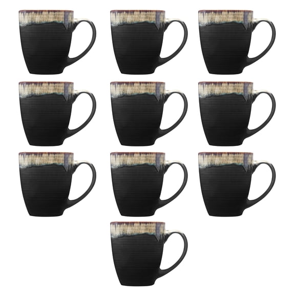 10 Water Color Drip Ceramic Mugs Set, 17 oz. - Stoneware, Drinkware, Durable, C-handle - Black