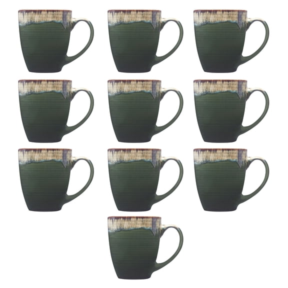 10 Water Color Drip Ceramic Mugs Set, 17 oz. - Stoneware, Drinkware, Durable, C-handle - Green