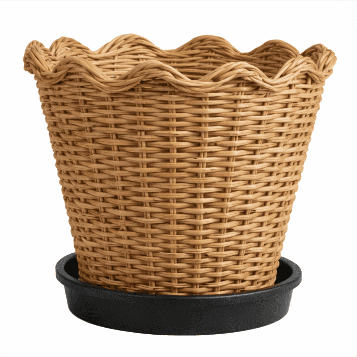 10" Wave Rattan Planter Pot with Black Plastic Saucer | Woven by Quality Indonesian Rattan | Durable Scalloped Rim Design | Lightweight Plant Pot | Home & Garden & Indoor & Outdoor Use