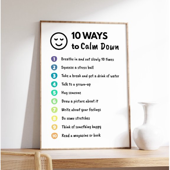 10 Ways to Calm Down Poster, Calming Strategies Decor, Stretched Canvas 8x10in