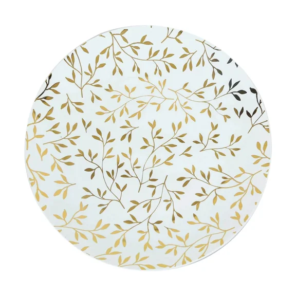 10 White 10" Round Plastic Salad Dessert Plates Gold Leaf Design Tableware