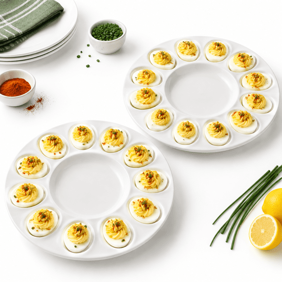 10" White Ceramic Deviled Egg Serving Platters, 2-Pack Round Trays Holds 12 Eggs Each
