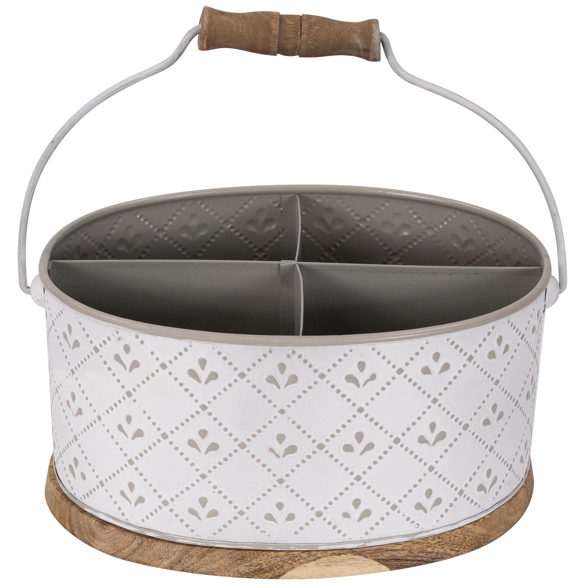 Northlight 10" White Oval Embossed Utensil Caddy with Handle and Wood Base