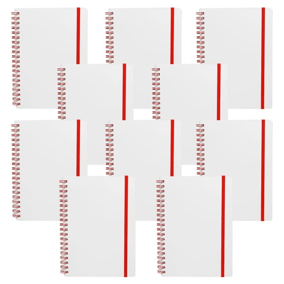 10 White Spiral Notebooks with Elastic Band Pack - 80 lined pages, Recycled - Red