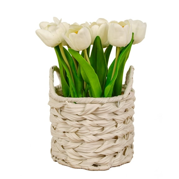 10 in. White Tulip Bouquet in White Basket
