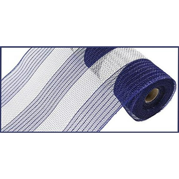 10" Wide Poly Jute Deco Mesh Navy Blue and Ivory Wide Stripe (10 Yards) : RY830082