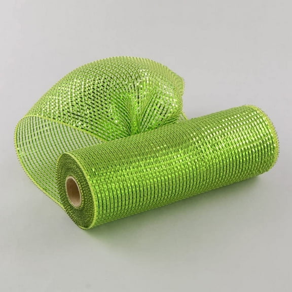 10" Wide Poly Mesh Roll Deluxe Wide Lime Foil Moss/Apple with Metallic Wide Strips of Lime Green Foil Christmas, Spring & Easter, St. Patrick's Day