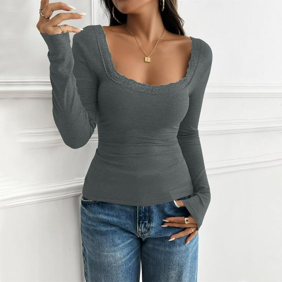 Under $10 Women Long Sleeve Shirts Tops, Women's Fashion Solid Color Long Sleeve Round-Neck Blouses Lace Leisure, Women's Long Sleeve Shirts Plus Size, (Gray,M)