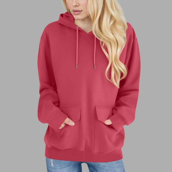 Under $10 Women's Sweatshirt Plus Size, Women's casual loose solid color double pocket long sleeved hooded drawstring long sleeved sweatshirt, Hot Pink XL