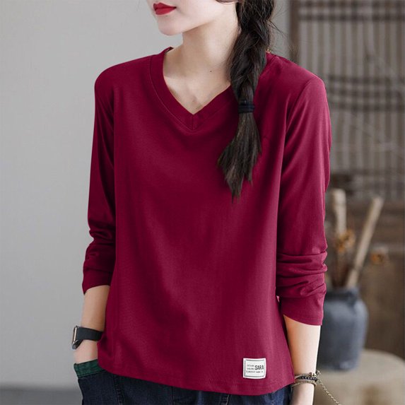 Under $10 Womens Long Sleeve T Shirts, Xunlbb Women's V-neck T-shirt Women's Long Sleeved Loose Spring And Summer Casual Base Shirt Plus Size Long Sleeved V-neck Top/shirt(Red,XXXXL)