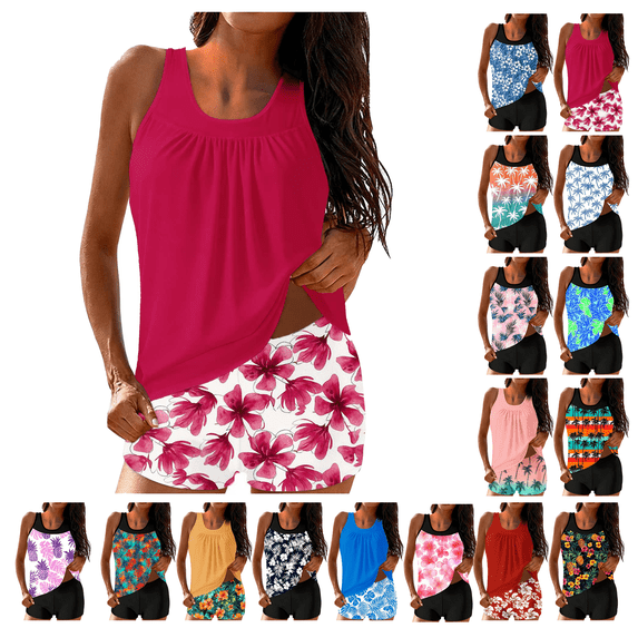 Under 10$ Womens Tankini Swimsuit Printed Bathing Suits Underwire Free Bodysuit With Removable Pads Adjustable Drawstring Tankini Top with Boyshorts Swimwear