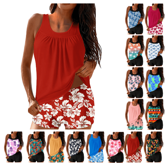 Under 10$ Womens Tankini Swimsuit Printed Bathing Suits Underwire Free Bodysuit With Removable Pads Adjustable Drawstring Tankini Top with Boyshorts Swimwear