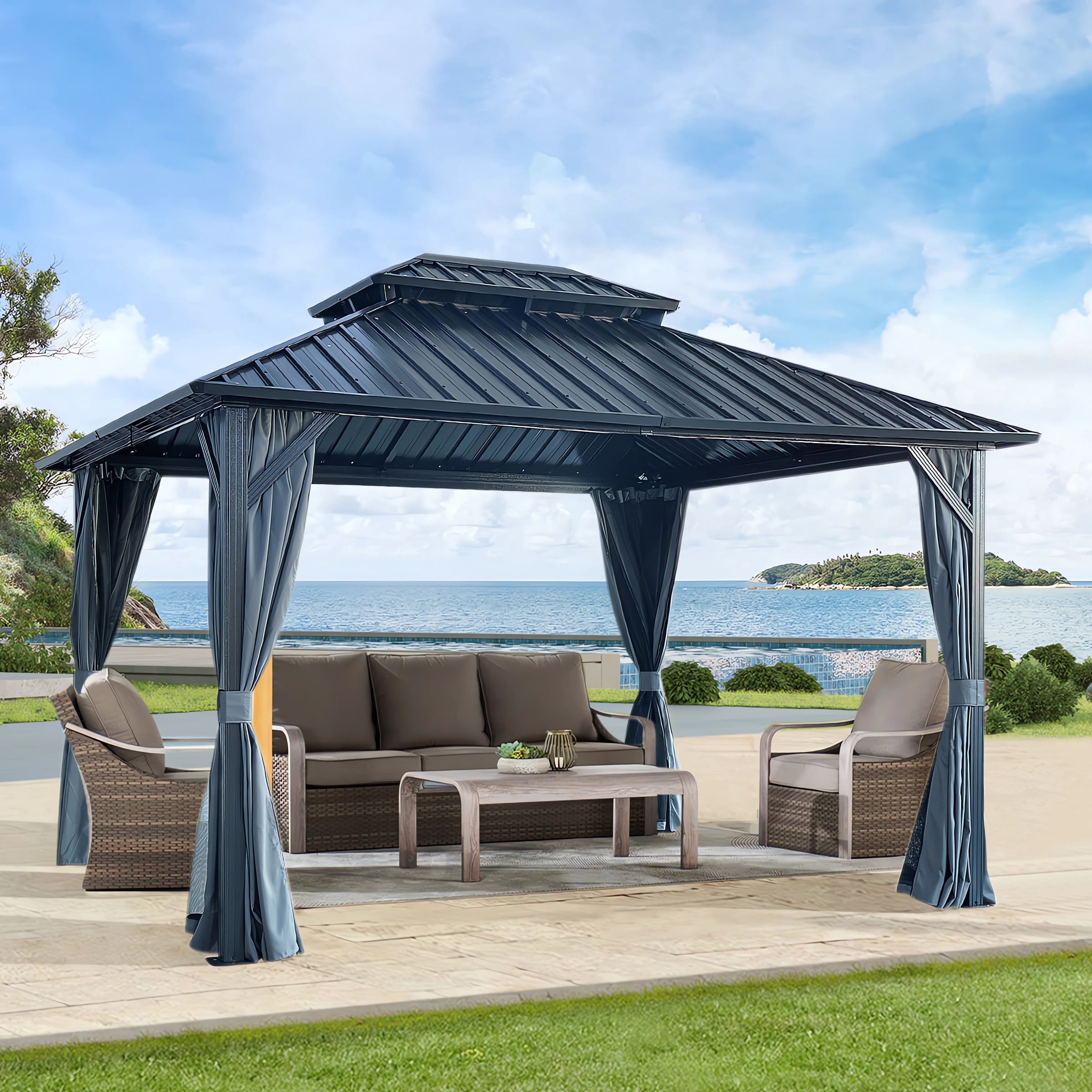 10' X 10' Hardtop Gazebo with Galvanized Steel Double Roof, Aluminum Frame Gazebos with Curtains and Netting, Outdoor Metal Pavilion for Patio, Lawn, and Garden, Grey