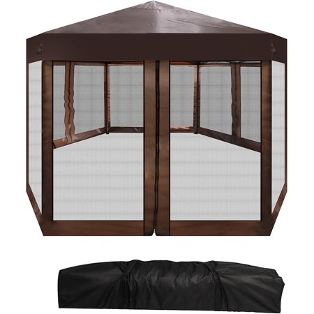 CARSTY 10’ x 10’ Hexagonal Pop Up Gazebo, Dark Brown, Portable with Mosquito Netting
