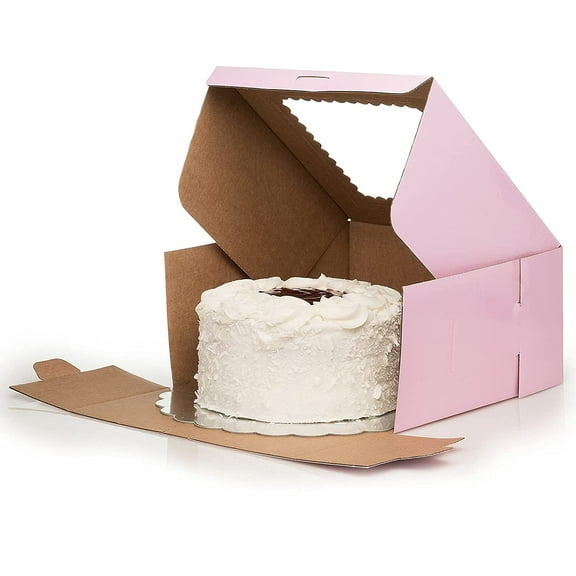 10" X 10" X 5" Corrugated Fiberboard Glossy Pink Cake Box with Scalloped Window & 10" Cake Boards (Pack of 10 – Front Loading)