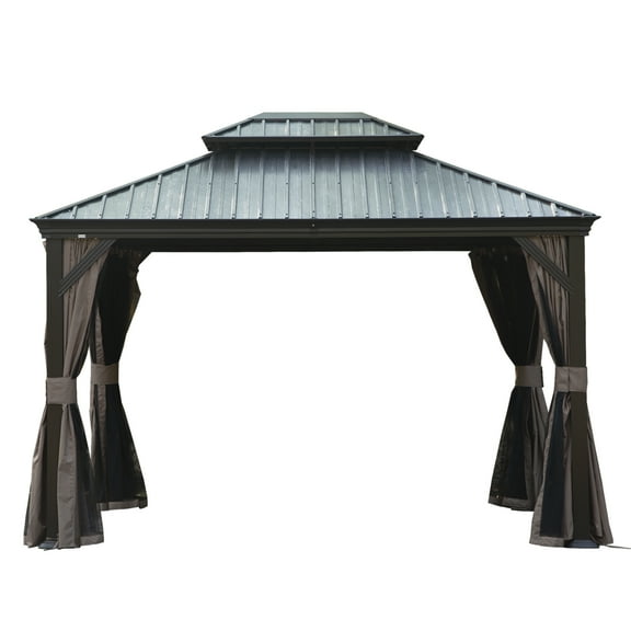 10' X 12' Hardtop Gazebo, Upgraded Metal Gazebo with Drainage System, Dual-Layer Galvanized Steel Roof, Curtain and Netting, Outdoor Shelter Canopy for Patio, Garden, and Backyard, Brown