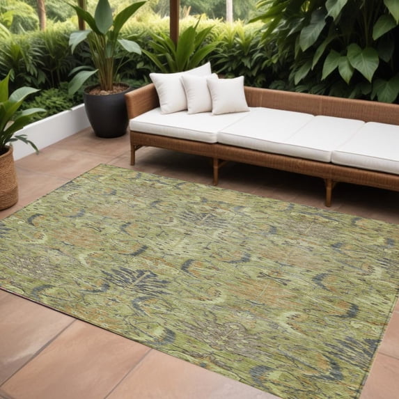 HomeRoots 603304 10 x 14 ft. Artichoke Green, Gray & Tan Damask Washable Indoor & Outdoor Rectangle Area Rug