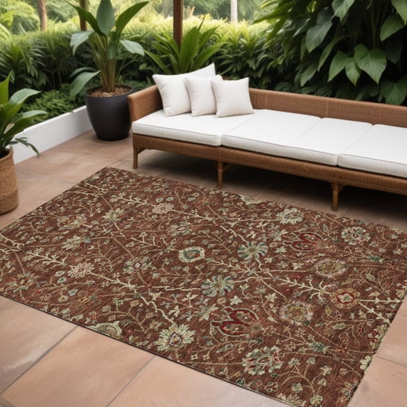 HomeRoots 603436 10 x 14 ft. Brown, Tan & Red Floral Washable Indoor & Outdoor Rectangle Area Rug