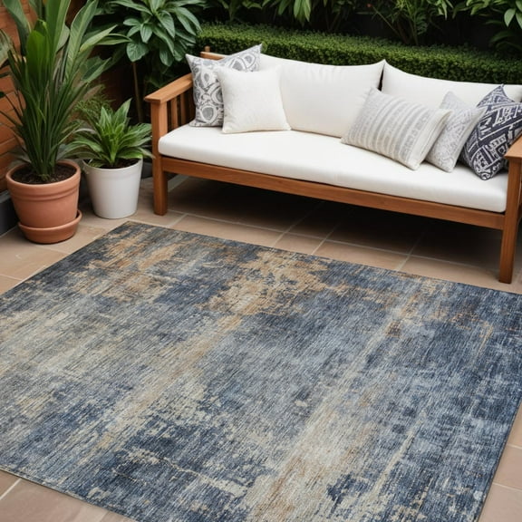 HomeRoots 606145 10 x 14 ft. Denim Blue & Tan Abstract Washable Indoor & Outdoor Rectangle Area Rug