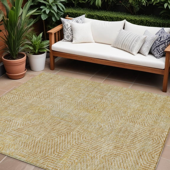 10' X 14' Gold And Beige Geometric Washable Indoor Outdoor Area Rug