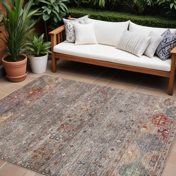 10' X 14' Gray Tan And Terra Cotta Floral Washable Indoor Outdoor Area Rug