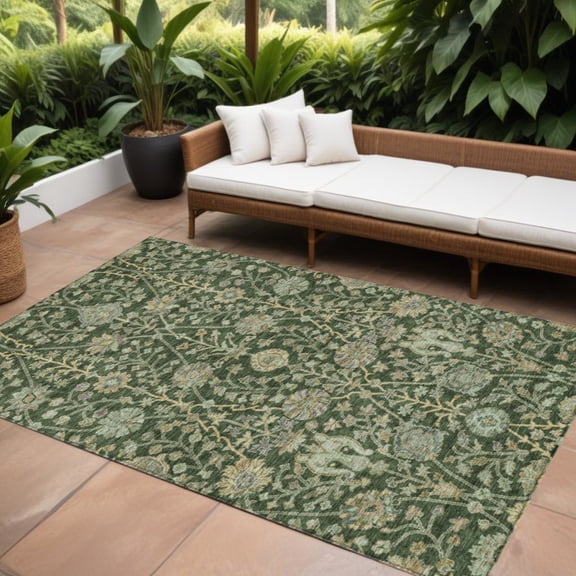 HomeRoots 603466 10 x 14 ft. Green, Tan & Gray Floral Washable Indoor & Outdoor Rectangle Area Rug