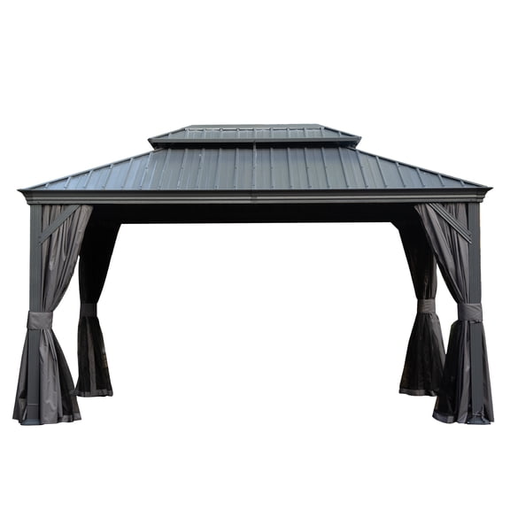 10' X 14' Hardtop Gazebo, Upgraded Metal Gazebo with Drainage System, Dual-Layer Galvanized Steel Roof, Curtain and Netting, Outdoor Shelter Canopy for Patio, Garden, and Backyard, Grey
