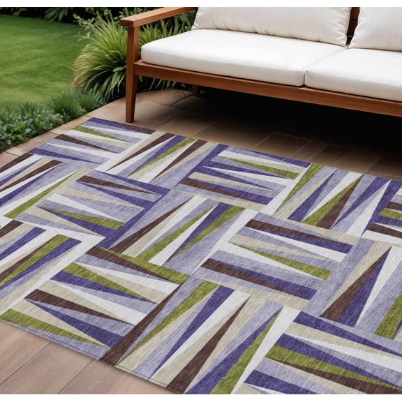 10' X 14' Lavender Brown And Green Geometric Washable Indoor Outdoor Area Rug