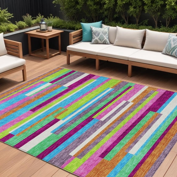 HomeRoots 613295 10 x 14 ft. Lavender, Orange & Lime Green Striped Washable Indoor & Outdoor Rectangle Area Rug
