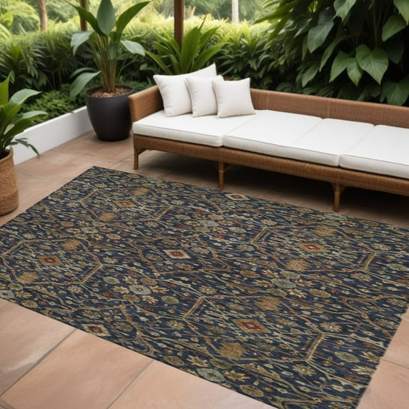 HomeRoots 604606 10 x 14 ft. Navy Blue, Brown & Red Floral Washable Indoor & Outdoor Rectangle Area Rug